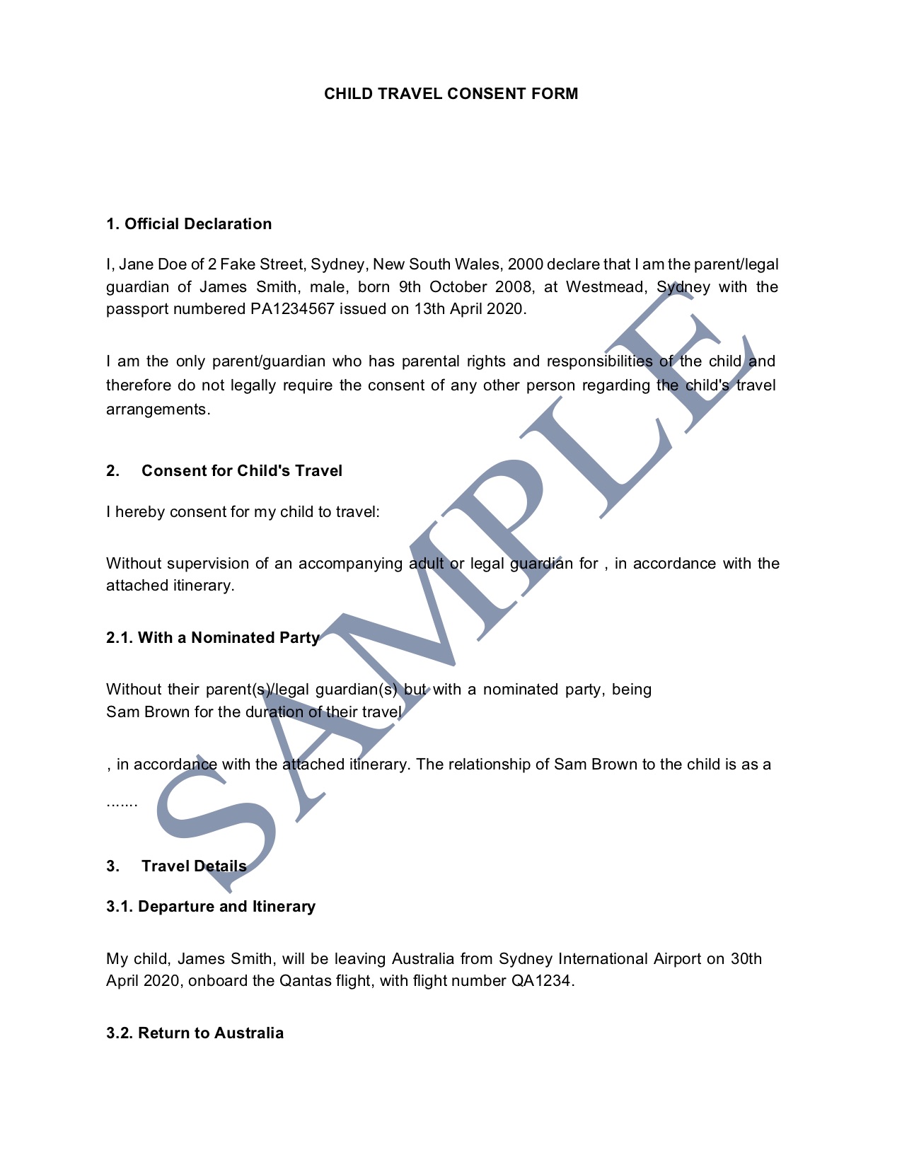 Child Travel Consent (Long Form)
